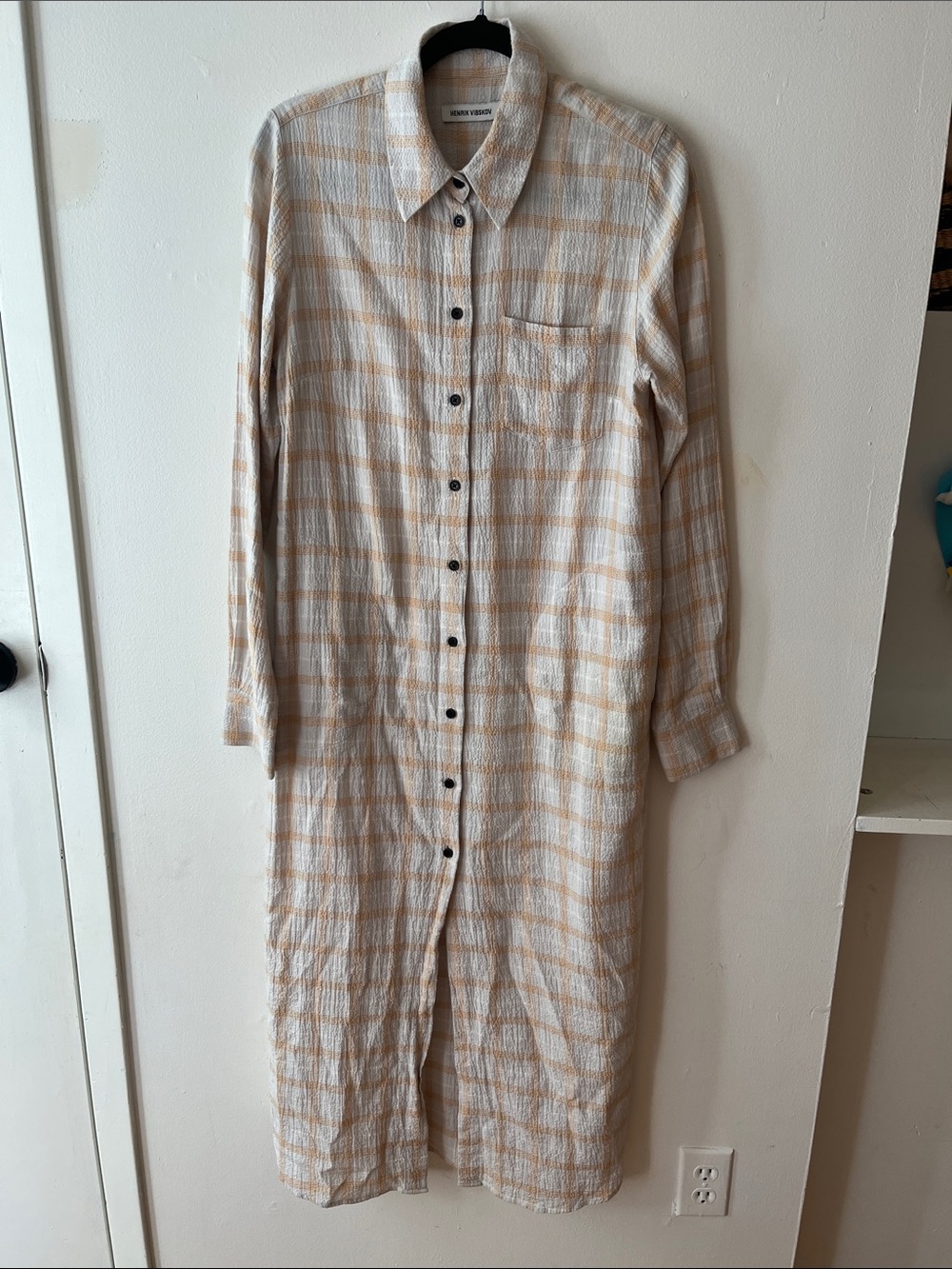 Henrik Vibskov AW22 Long Sleeve Button-Front Plaid Maxi Dress in Beige/Orange